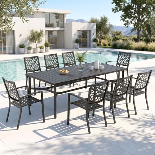 Image of PHI VILLA 9 Pcs Outdoor Dining Set for 8,83 inch Rectangular Metal Table, Black | Metal Table with Umbrella Hole & Stackable Black Wrought Iron Chairs, Large Outside Furniture for Patio, Deck, Yard, Porch