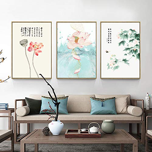 Peinture sur toile Lotus style chinois 3 pièces pour briser la monotonie des murs blancs