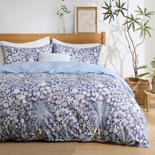 Bedsure Duvet Cover King Size - 100% Cotton Reversible Floral King Duvet Cover Set with Zipper Closure, 3 Pieces Soft & Breathable Vintage Indigo Blue Bedding Set with 2 Pillow Shams 20"x36"