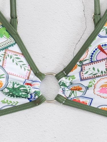 Image of Fanuerg Women's Triangle Bikini Sets O Ring Linked Two Piece Swimsuits Floral Printed Cheeky Bathing Suit
