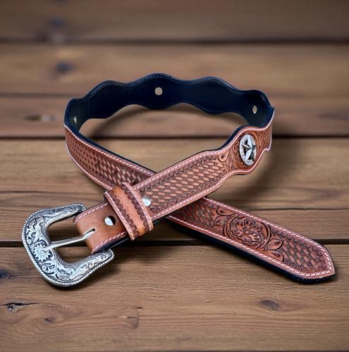 DANIEL'S ARTPLANET Men's Western Leather Belt Handmade Full Grain Leather Tooled Cowboy Belt with Removable Buckle 1.5”2