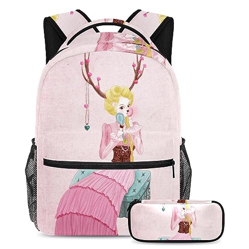 Sac à dos rétro bois de cerf avec trousse pour enfants et ados multicolore 40cm