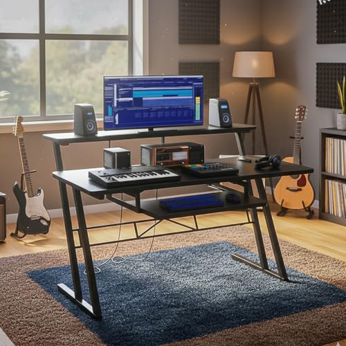 Image of FFO Music Studio Desk with Keyboard Tray | Multipurpose Work Desk for Home Office | Computer Table for Home, Office & Music Production | Laptop PC Workstation | Black | 120L x 60W x 100H CM | DIY