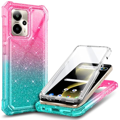 WDHD for Cricket Outlast 5G 2024 Case AT&T Motivate Pro 5G with [Built-in Screen Protector] [9FT Military Grade Drop Tested] Full-Body Protective Shockproof Bumper Case (Glitter Pink/Aqua)