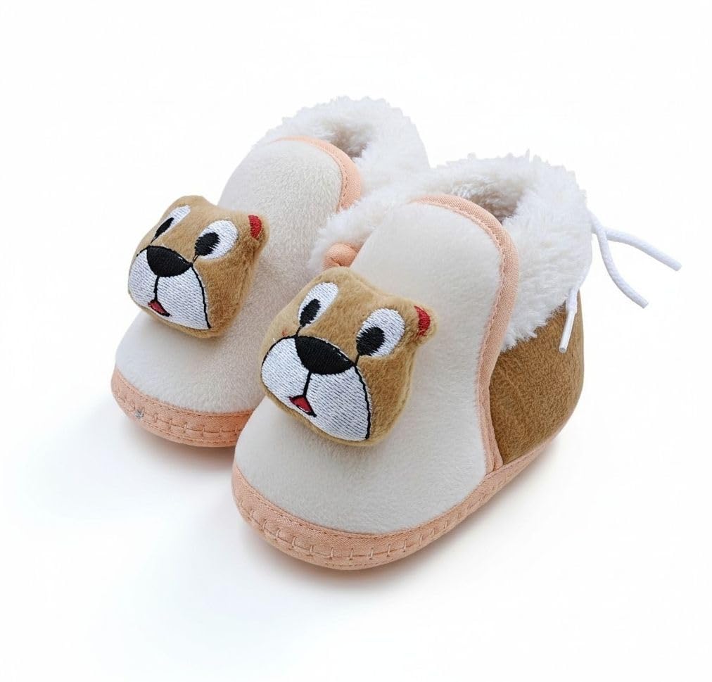 6 To 12 Months Baby Boys & Girls Cotton Fur Dog Face Anti-Slip Lace Booties (Light Orange)-BT05-image-29