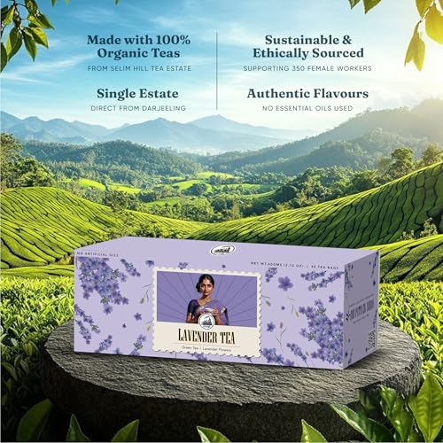 Image of Dorje Teas Lavender Darjeeling Tea | 30 Pyramid Teabags (Pack of 1) | Selim Hill Estate | Calming Floral Lavender Flavour | Promotes Sleep & Stress Relief | Organic Whole Leaf Blend | 30 Cups