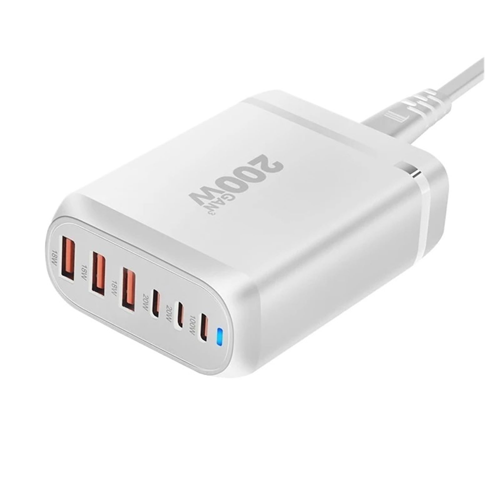 Szybka Ładowarka USB C 200 W. 6-portowa Stacja Ładująca Z Koncentratorem Blokowym. Zasilacz Do Laptopa Szerokie Zastosowanie(White)