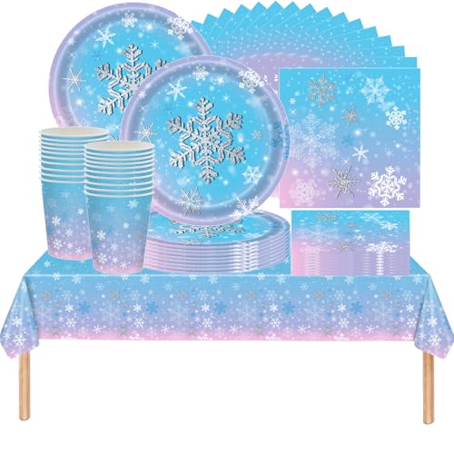 YINcrinx 61 peças conjunto de louça de festa floco de neve, louça de aniversário para crianças, Frozen tema decorações de festa, canecas, pratos, toalhas de mesa, guardanapos, para 20 pessoas