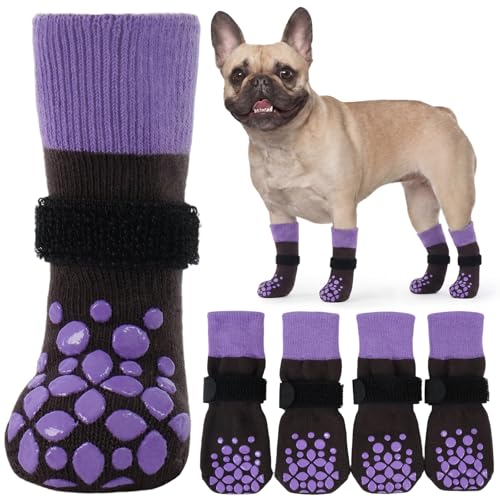 Image of ROZKITCH 2 Pairs Dog Socks Paws Stop Licking, Socks for Injured Paws Double Side Non-Slip Dog Claw Slipper Foot Bandage Paw Protection After Operation on Toe Bichon Frise, French Bulldog Purple M