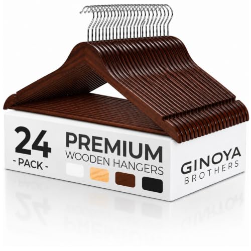 Image of GINOYA BROTHERS Walnut Wooden Suit Hangers 24 Pack with Non Slip Pants Bar - Smooth Finish Solid Wood Coat Hanger for Camisole, Jacket, Pant, Dress Clothes Hangers (Walnut: 24)