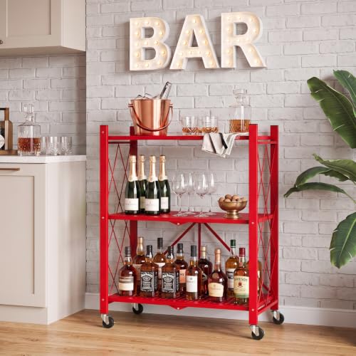 Image of DEANIC 3 Tier Foldable Storage Shelves with Wheels, Kitchen Appliance Stand, Freestanding Metal Wire Shelf Rack, No Assembly Organizer Rolling Cart for Garage, Basement, Pantry(Red Pack of 2)