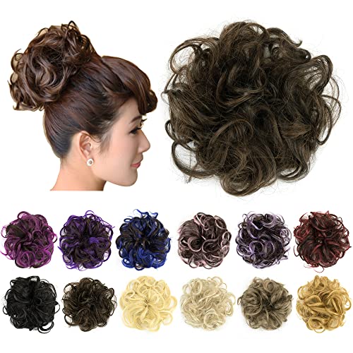 IMISSU 2PCS Messy Bun Hair Piece Updo Fake Scrunchies Ponytail Extension Wavy Curly Hairpieces Chignon Headband for Women Girls (2PCS Light Brown)