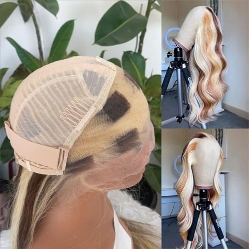 Image of 20 Inch 4 /613 Highlight Lace Front Wigs Human Hair 13x4 HD Transparent Brown Blonde Body Wave Lace Front Wigs Human Hair Pre Plucked Glueless Lace Frontal Wigs for Women