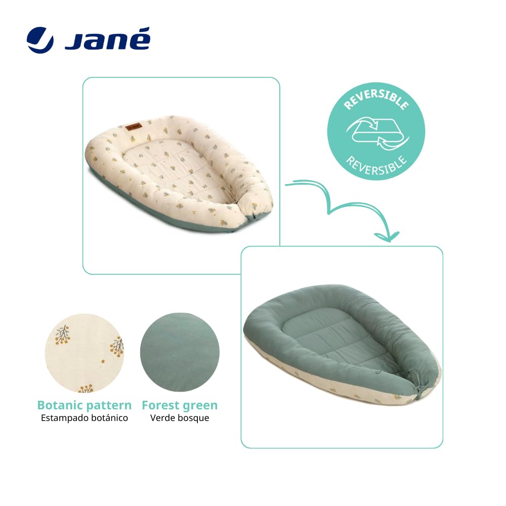 Jané Growing Cute, Nido Reductor para Bebé, Favorece el Estado del Sueño, Reversible, Transpirable, Verde