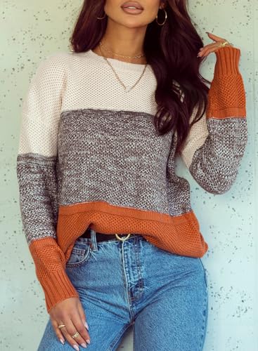 Dokotoo Women'S Winter Sweaters Long Sleeve Color Block Pullover Crewneck Fall Sweaters For Women 2024 Soft Plus Size Knit Jumper Tops Yellow X-Large thumb #2