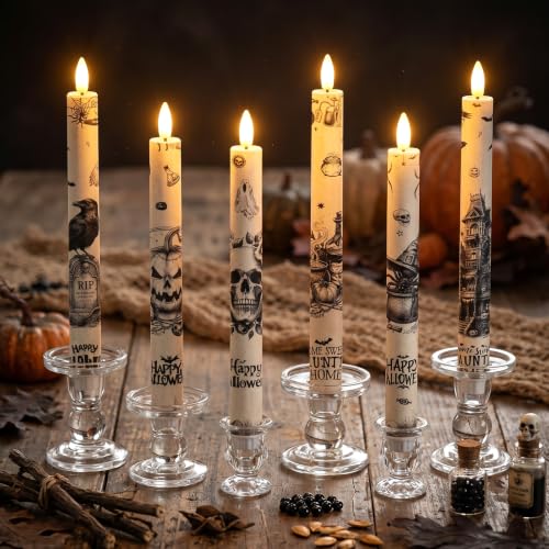 Image of Aurelema 6 Pcs Halloween LED Flameless Candle Set Vintage Gothic Taper Candles Battery Operated with Remote Skull Candles Raven Pumpkin Decorations for Home Halloween Party Favors Spooky Season Decor