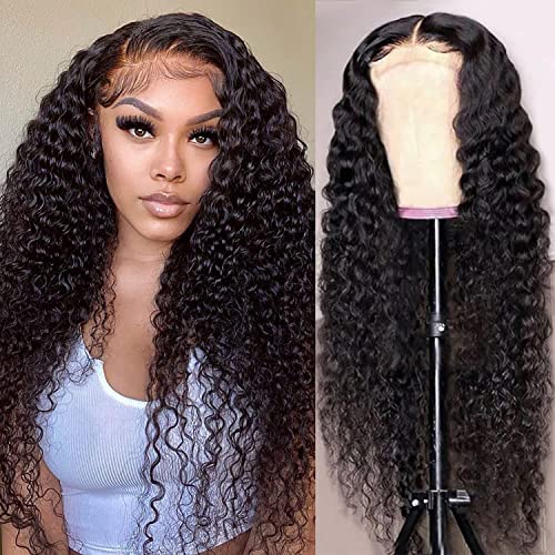13x4 Deep Curly Lace Front Wigs Human Hair Wigs for Black Women Glueless Lace Frontal Wigs Pre Plucked with Baby Hair Brazilian Kinky Curly 9A Natural Black 150% Density (20 Inch Curly Wigs )