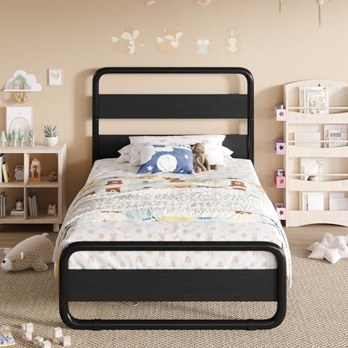 Image of SHA CERLIN Twin Size Metal Bed Frame with Wooden Headboard, Black