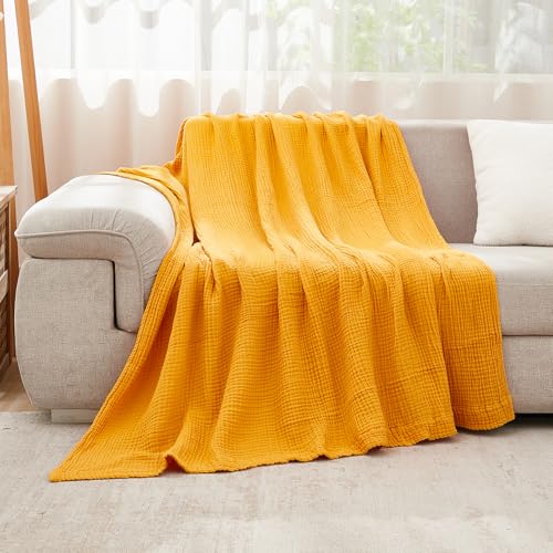 Image of EMME Muslin Blankets for Adults Throw Blanket for Couch Breathable Gauze Soft Lightweight Airy Mustard Yellow Twin XL 66 inch x 90 inch