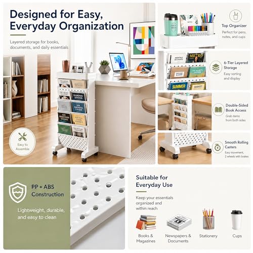 Image of BYFU Plastic 6-Tiered Shelf Rolling Bookshelf, Multi-Functional Storage Rolling File Cart with Lockable Casters for Office Tabletop, Floor Standing Kitchen Classroom Organization and Storage, White