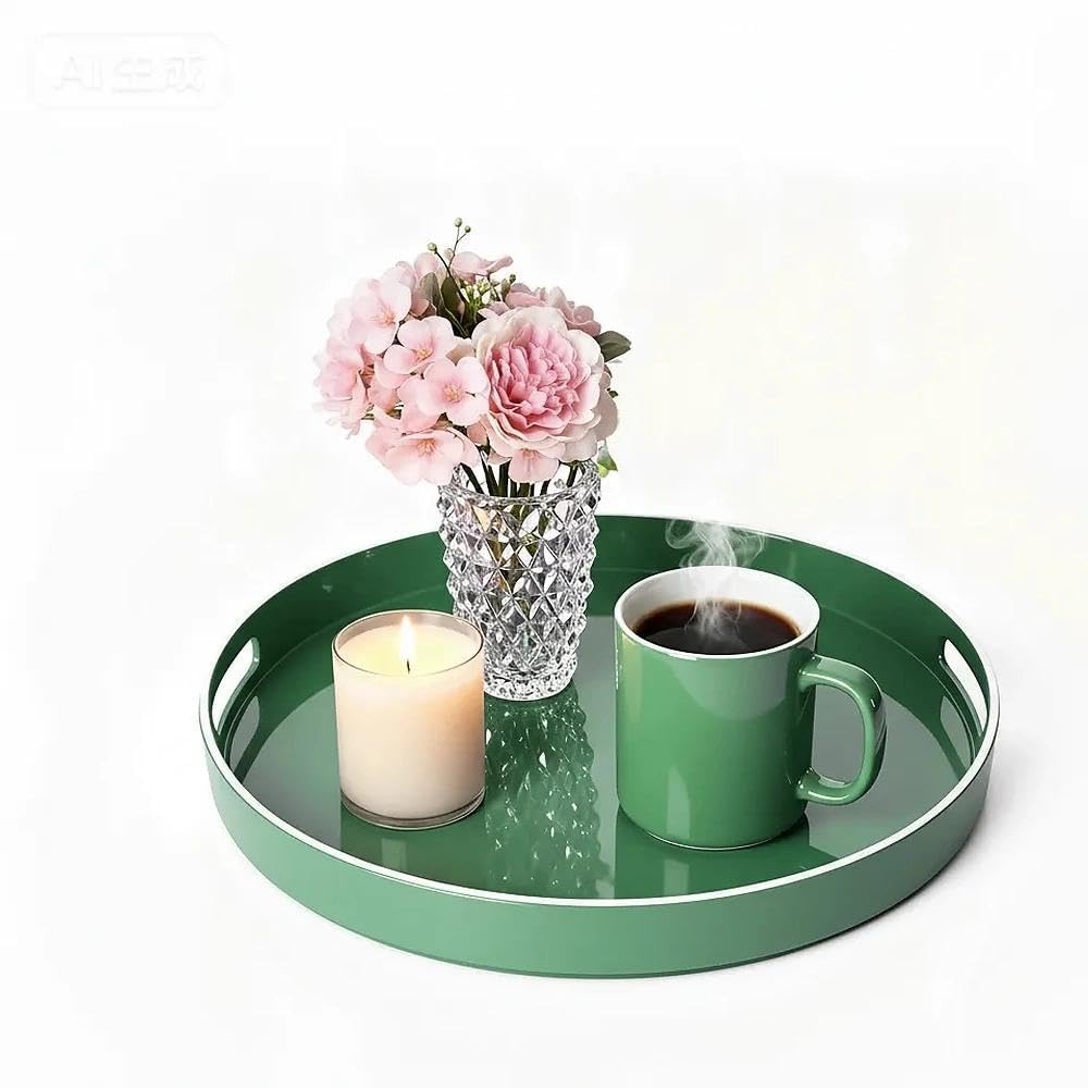 Simmer Stone Round Plastic Tray one Decorative, Round Plastic with Handles, Modern Vanity and Serving for Ottoman, Coffee table, Kitchen and Bathroom, Size 13" (White edged emerald green)