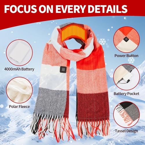 Heated Scarf For Women Men, Usb Rechargeable Heated Scarf, Portable & Adjustable Neck Warmer, Neck Heating Pad, Cozy Heating Pad For Instant Comfort & Style - Red Squares4