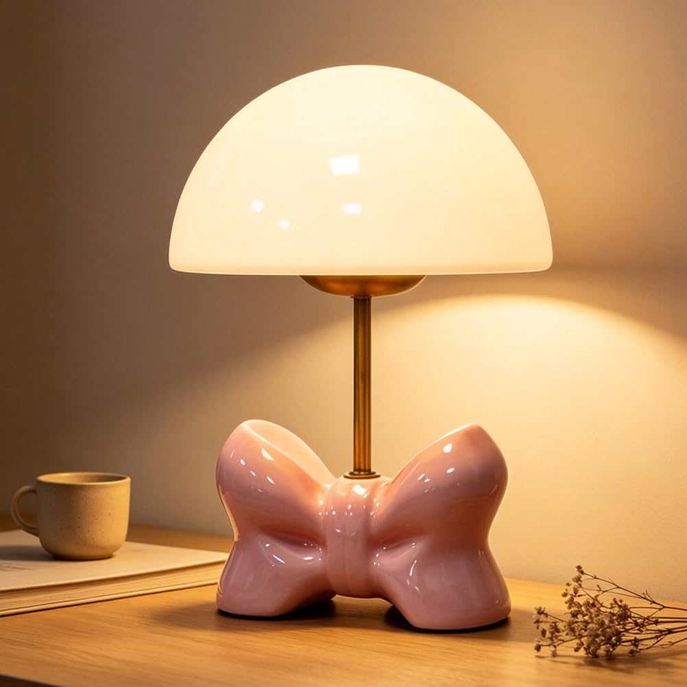OOWOKS Tischlampe Rosa Pilz mit Kabel LED Nachtlampe 3 Farbtemperaturen mit Glas-Lampenschirm Kinder Tischleuchte Schleife Design Schlafzimmerlampe Deko Nachttischlampe für Kinderzimmer Wohnzimmer