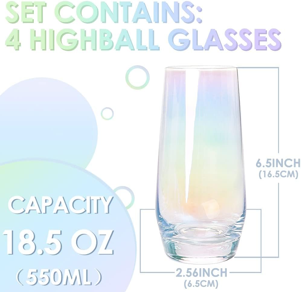 Colorful Highball Glasses, 18.5 Ounce Iridescent Glassware Set of 4 Lead-Free Crystal Glassware for Mixed Drinks, Juice, Cocktail, Gift Package (Colorful)