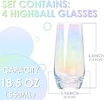 Colorful Highball Glasses, 18.5 Ounce Iridescent Glassware Set of 4 Lead-Free Crystal Glassware Drinking Glasses Set for Mixed Drinks, Water, Juice, Beer, Cocktail