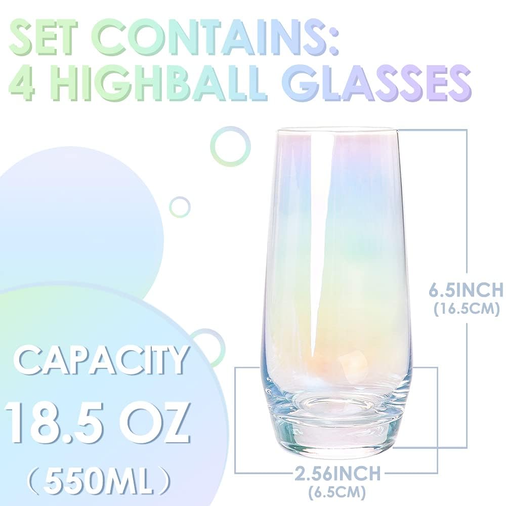 Vasos Highball coloridos, juego de 4 cristalería iridiscente de 18.5 onzas sin plomo para bebidas mixtas, jugo, cóctel, paquete de regalo (coloridos)