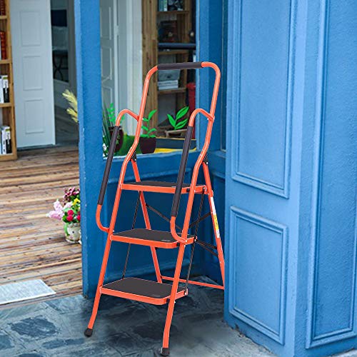 LUISLADDERS 3 Step Ladder Tool Ladder Folding Portable Steel Frame Ladders Safety Padded Handrails with Large Area Pedals for Kitchen Home and Office (330lbs)