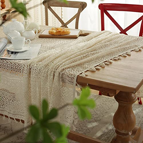 Jaijy Beige Embroidered Crochet Hole Tablecloth With Tassels thumb #3