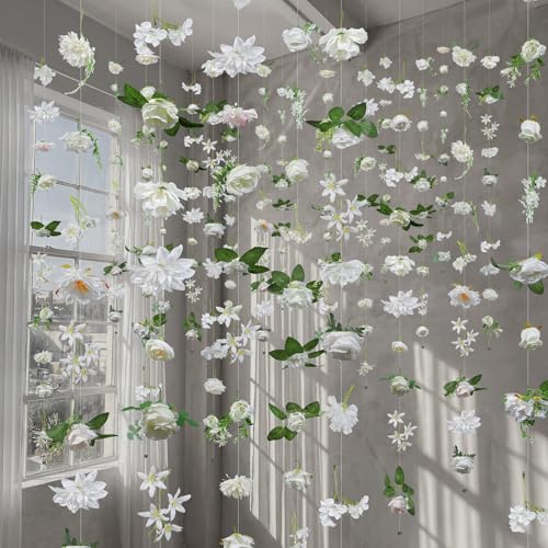 Image of Suncalla 12 Pcs 70.8 ft Wildflower Garland Pre Strung Artificial Hanging Flower Vine Backdrop Decor from Ceiling Floating Silk Floral Garland for Garden Wedding Bridal Shower(Boho,White)