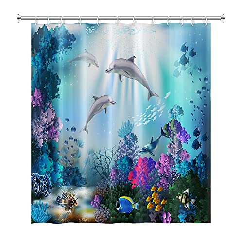 SDOTPMT 105x160cm Océan Dauphin Rideau de Douche Rayon de Soleil Tropical Rideau de Bain sous-Marine Monde Marin Animaux Rideau de Bain pour Salle de Bain...