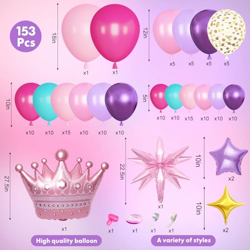 Ouddy Life 162Pcs Hot Pink and Purple Teal Blue Balloon Arch kit, Crown Pentagram Explosion Cross Star Foil Balloons for Princess Birthday Wedding Baby Shower Decorations Party Supplies - Image 3