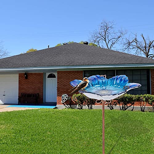 Mumtop Bird Baths For Outdoors Glass Bird Bath Bowl Bird Feeder Blue Flower Pattern With Metal Stake For Garden, Yard And Lawn Decor #TOP6