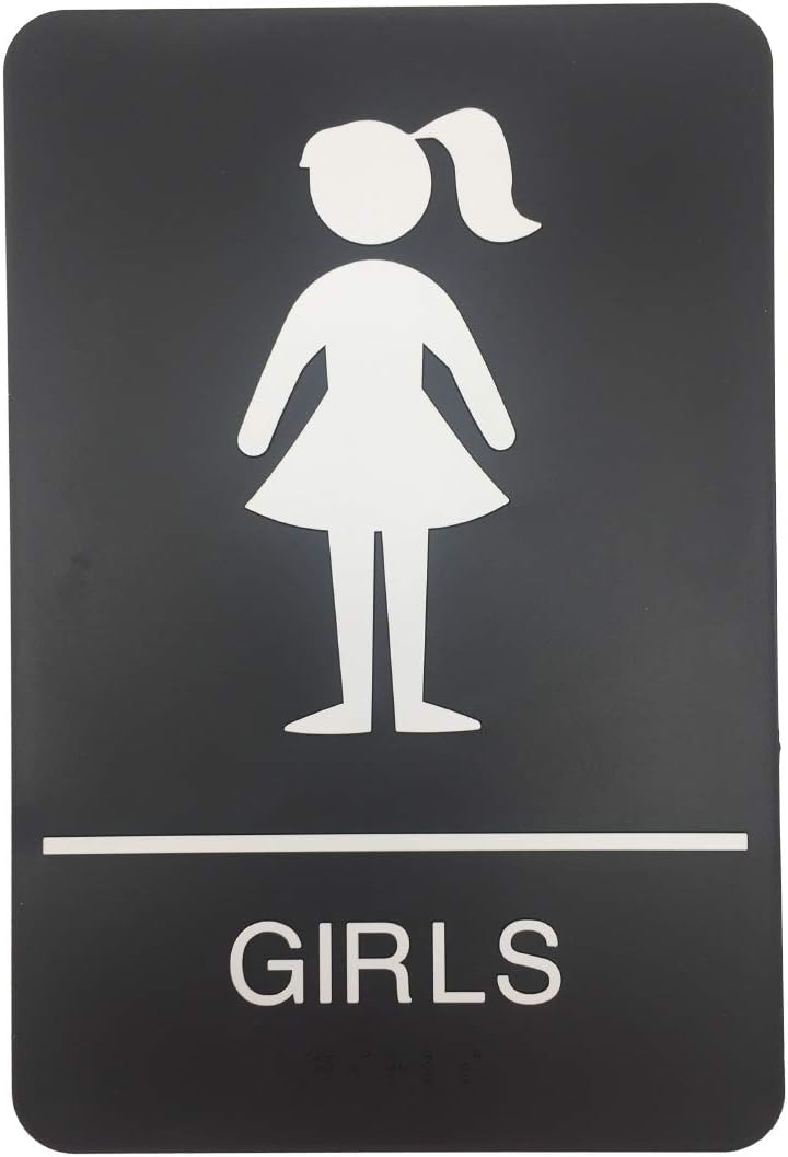 Girls ADA Compliant Restroom Sign - Includes Adhesive Tape and Instructions (1 Sign, Black)