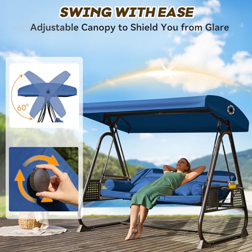 Image of 3 in 1 Outdoor Porch Swing with Adjustable Canopy, 3 Seat Outdoor Swing for Adults, Patio Swing Chair with Thickened Cushions,Pillows & Cup Holders for Backyard, Porch, Garden (Blue)