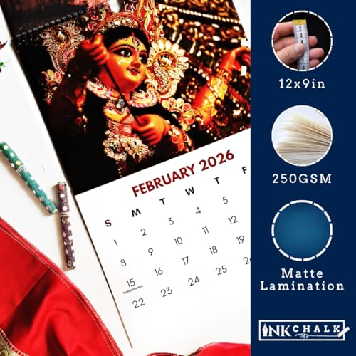 Image of 12 inchx9 inch Goddess Durga Wall Calendar 2026 | HD Durga Photos | Bold Grid Dates | Indian Festivals | Wiro-Bound | Matte Laminated