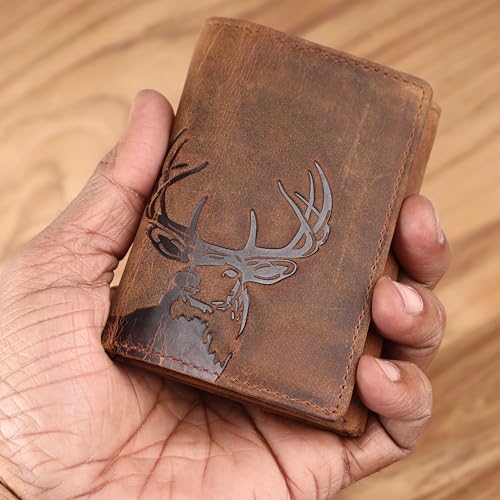 Image of Deer Trifold Wallet for Men - Full Grain Cowhide Leather, RFID Blocking, Handmade Vintage Men's Leather Wallet, Gift for Dad, Husband, Outdoorsmen