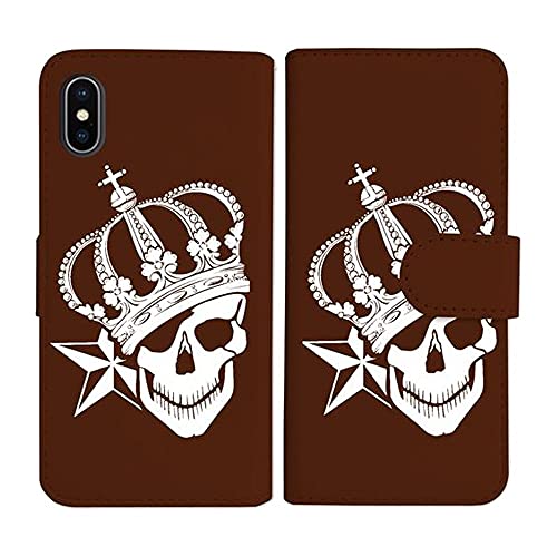 sslink iPhone17 Pro Max アイフォン17プロマックス 対応 手帳型 ブラウン ケース スカル クラウン 王冠 ドクロ 骸骨 ホワイト ダイアリータイプ 横開き カード収納 フリップ カバー