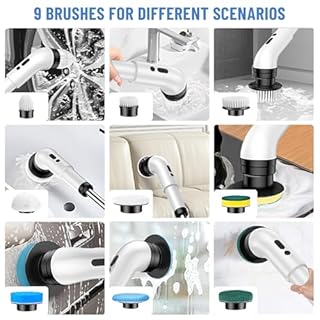 Bizcasa Brosse Rotative Nettoyage Electrique 9 en 1, Rechargeable, avec Tige télescopique et 9 têtes de Brosse Interchangeables pour Salle de Bain Cuisine Voiture, 3 Vitesses Réglables (Blanc)