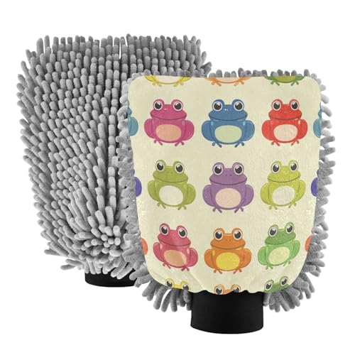 ALAZA Rainbow Color Frog Car Wash Mitt Scratch Free, 2 Pack Absorbent Microfiber/Chenille Washing & Drying Mitts, M