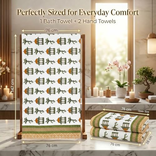 Image of Mafatlal Madhuban Cotton Waffle Set (1 Bath 147x76 cm + 2 Hand 76x38 cm) | 250 GSM | Lightweight, Quick Dry Floral | Online Lime