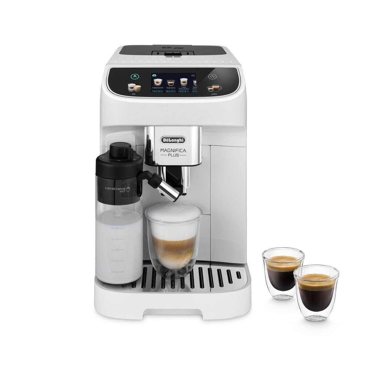 De'Longhi Magnifica Plus ECAM320.60.W, Macchina Caffè Automatica, Sistema LatteCrema Hot per Cappuccino Automatico, 4 Ricette, Display Colorato Soft Touch, Funzione Extra Shot, Funzione x2, Bianca