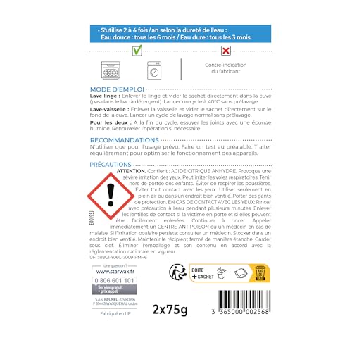 STARWAX - Détartrant pour lave-linge et lave-vaisselle - Élimine le tartre et les dépôts - Prolonge la durée de vie des 