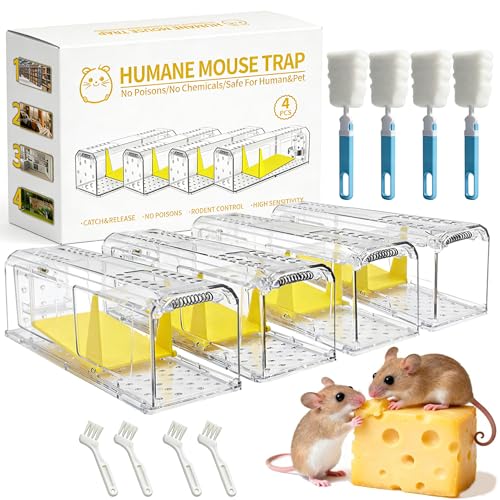 4Pack Humane Mouse Traps Live Catch Release Reusable PetFriendly for Indoor Outdoor Home Garden with Cleaning Brush