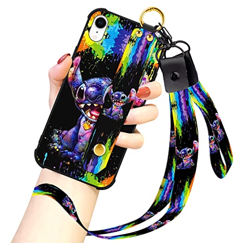 Cuwana Cartoon Case For Iphone Xr Case 6.1 Inch Cute Colorful Stitch Cartoon Character Design With Lanyard Wrist Strap Band Holder Shockproof Protection Bumper Kickstand Cover #TOP28