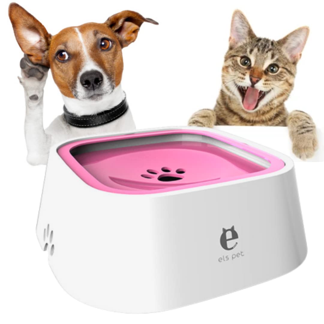 Bebedero Antigoteo Flotante para Perros o Gatos 1L. Cuenco de Agua Lenta Antivuelco Automático Portátil. Base Antideslizante. ABS. Bowl de Viajes para Mascotas (Rosa)