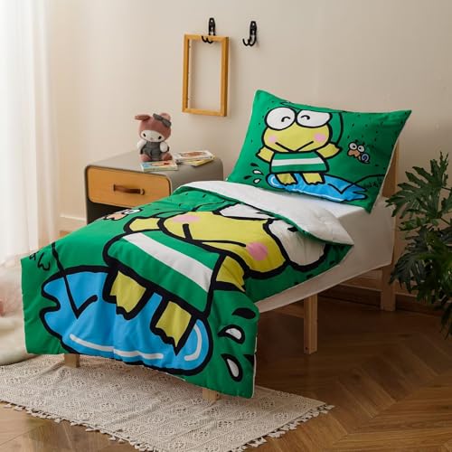 Image of CLOTHKNOW Frog Toddler Bedding Sets for Boys, 4 Pieces Bedding Sets, Cute Animal Cartoon Pattern, Soft Crib Bed Set Including Comforter, Flat Sheet, Fitted Sheet and Pillowcase